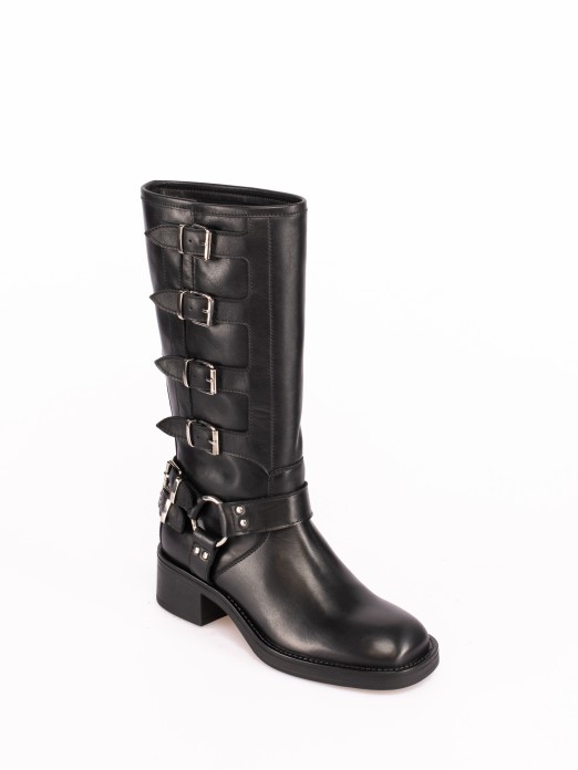 Biker Style Mid-Calf Boots with Buckle Detail
