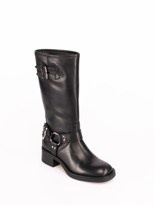 Biker Style Mid-Calf Boots with Buckle Detail