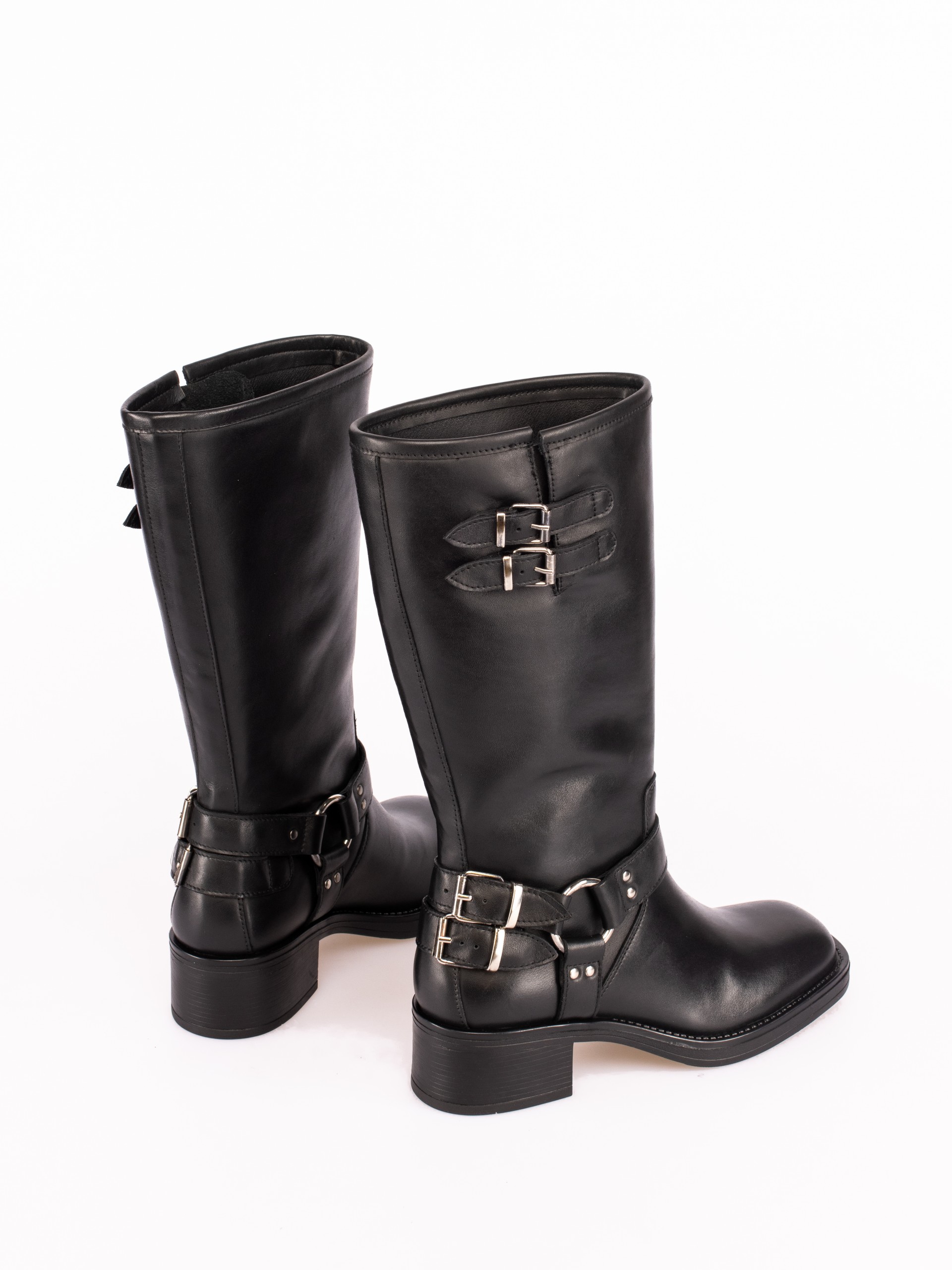 Biker Style Mid-Calf Boots with Buckle Detail