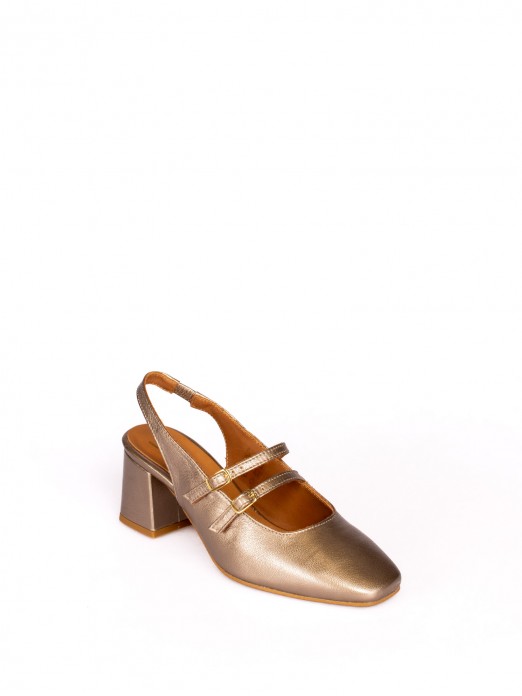Mid-Heel Laminated Leather Shoe with Buckles