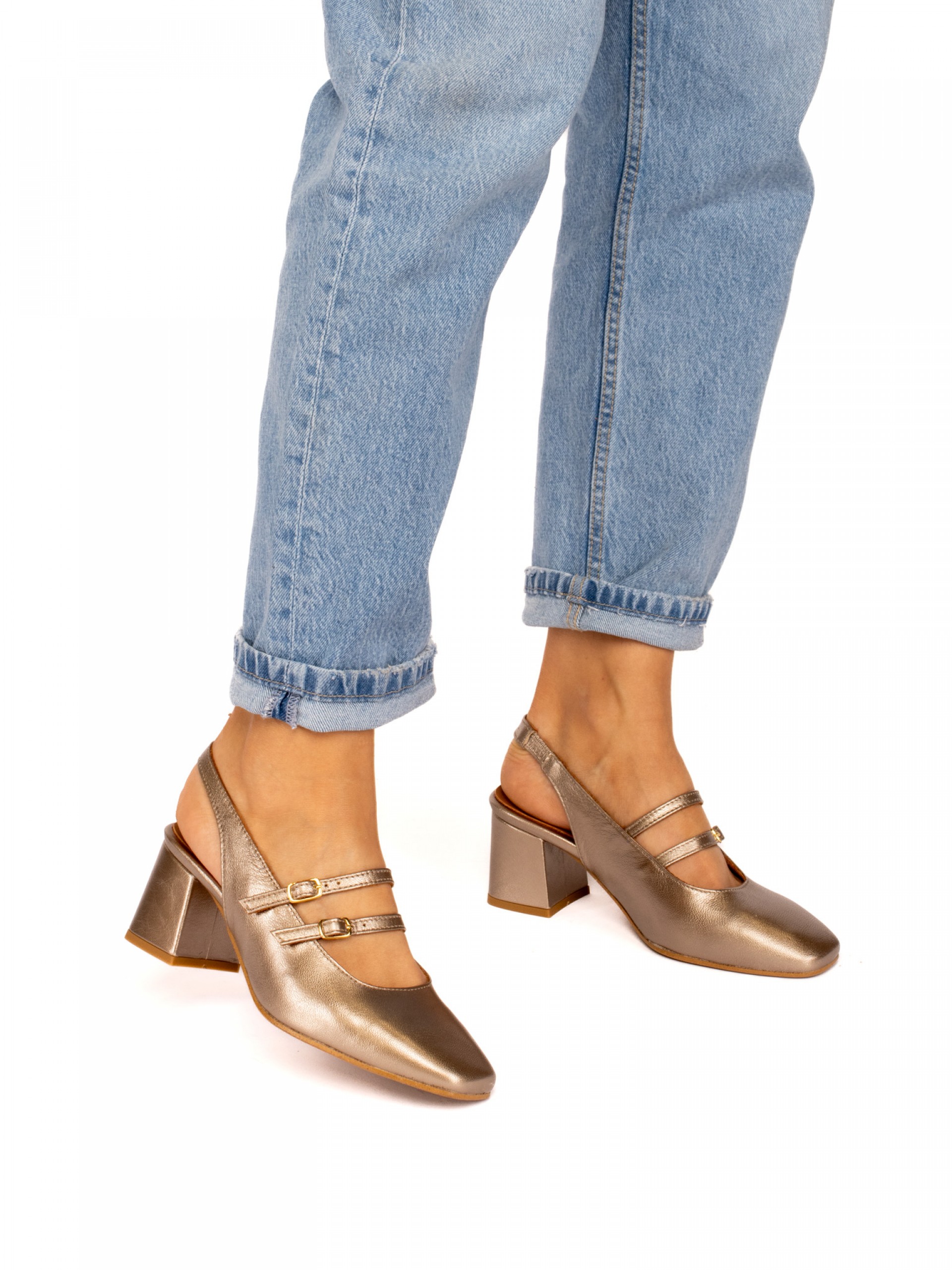 Mid-Heel Laminated Leather Shoe with Buckles