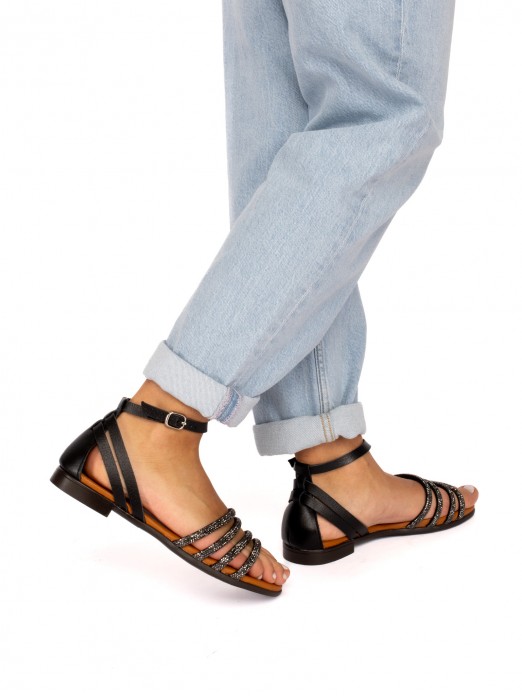 Flat Sandal with Multiple Shiny Straps