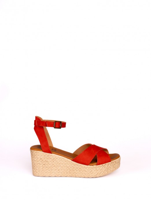 Wedge Sandal with Crossed Straps in Nubuck