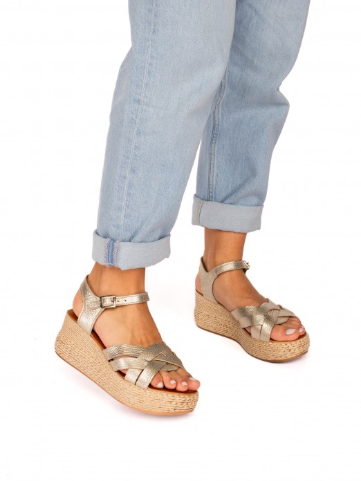 Laminated Leather Wedge Sandal