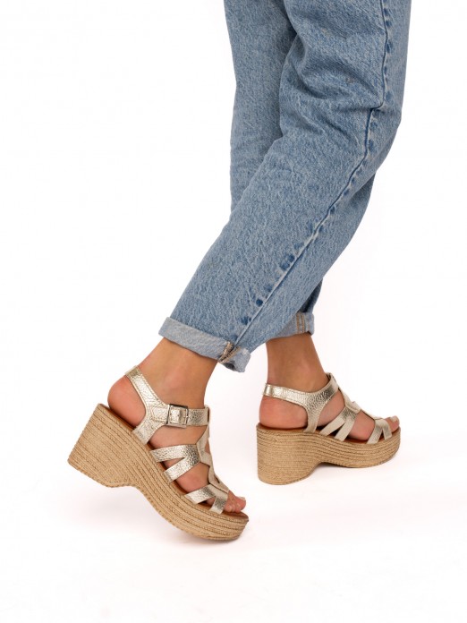 Laminated Leather Wedge Sandal with  Straps