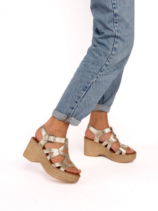 Laminated Leather Wedge Sandal with  Straps