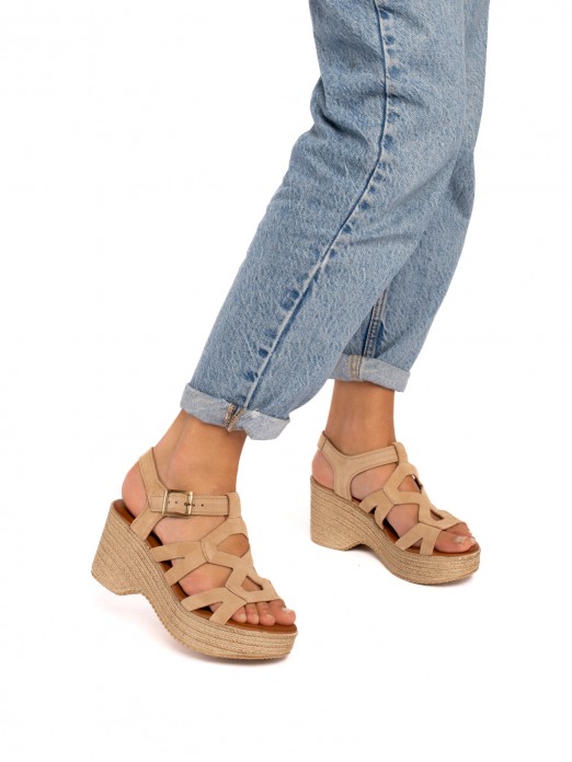 Suede Wedge Sandal with  Straps