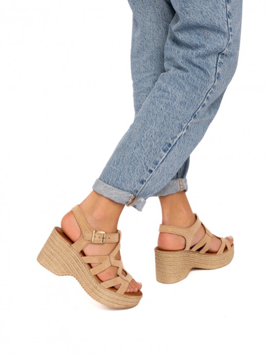 Suede Wedge Sandal with  Straps