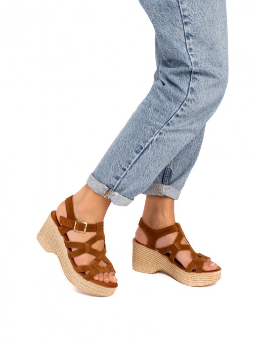 Suede Wedge Sandal with  Straps