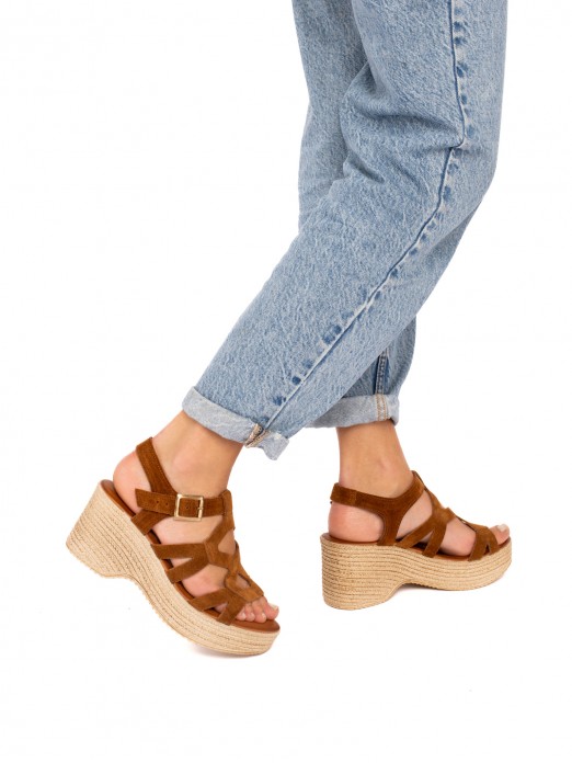 Suede Wedge Sandal with  Straps