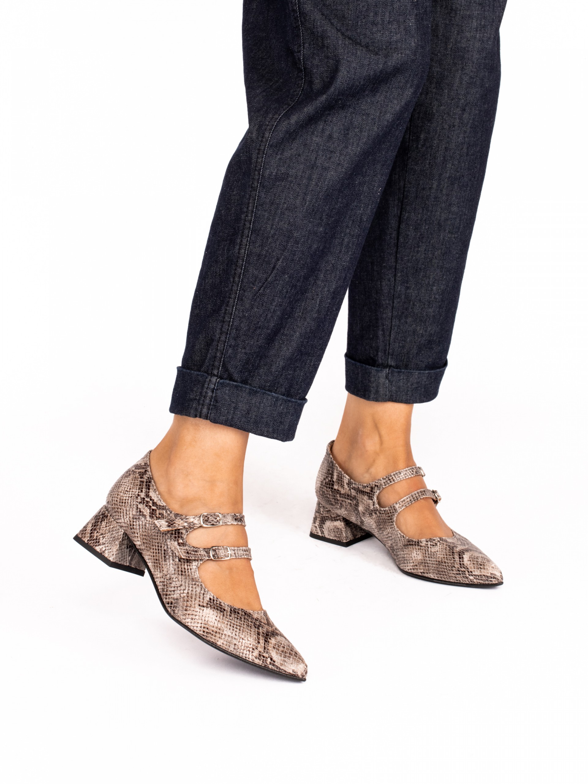 Medium Heel Snake Effect Leather Shoes