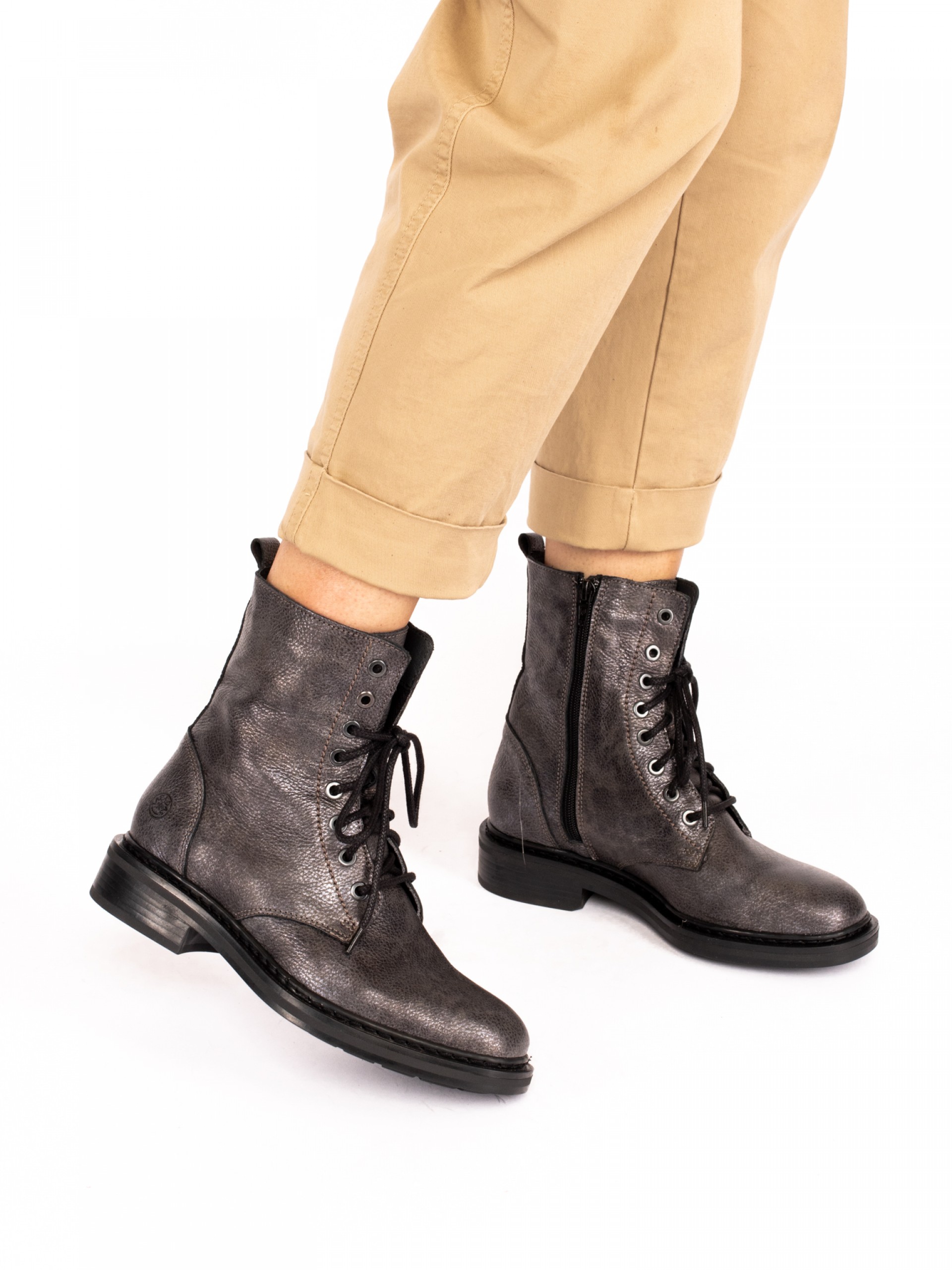 Military Ankle Boot in Metallic Leather