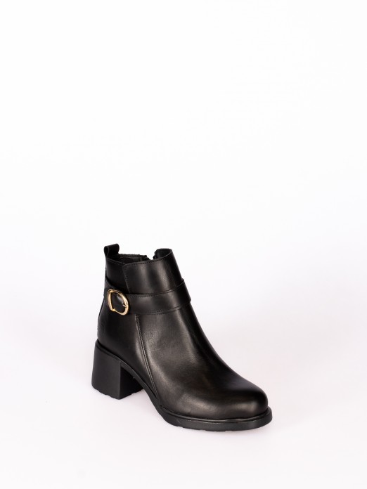 Leather Ankle Boots with Heel and Buckle