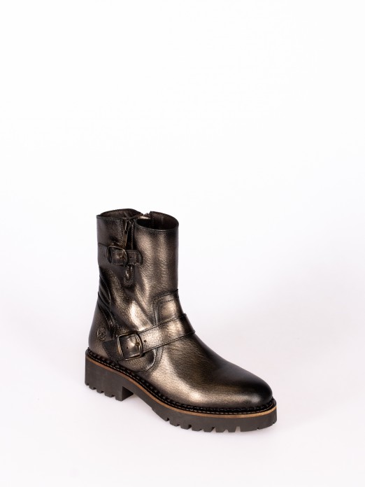 Biker Boot in Metallic Leather, Structured Sole