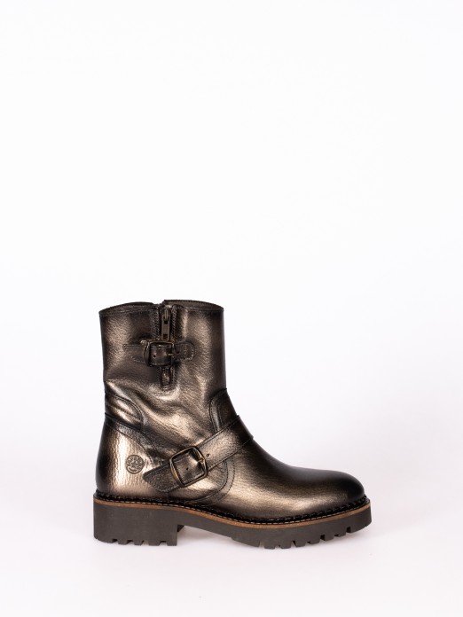 Biker Boot in Metallic Leather, Structured Sole