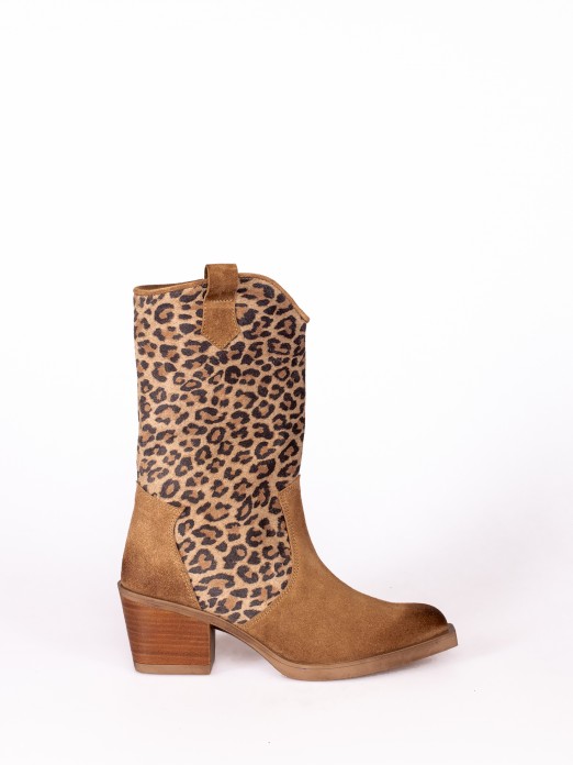 Texan Boot in Suede with Leopard Animal Print