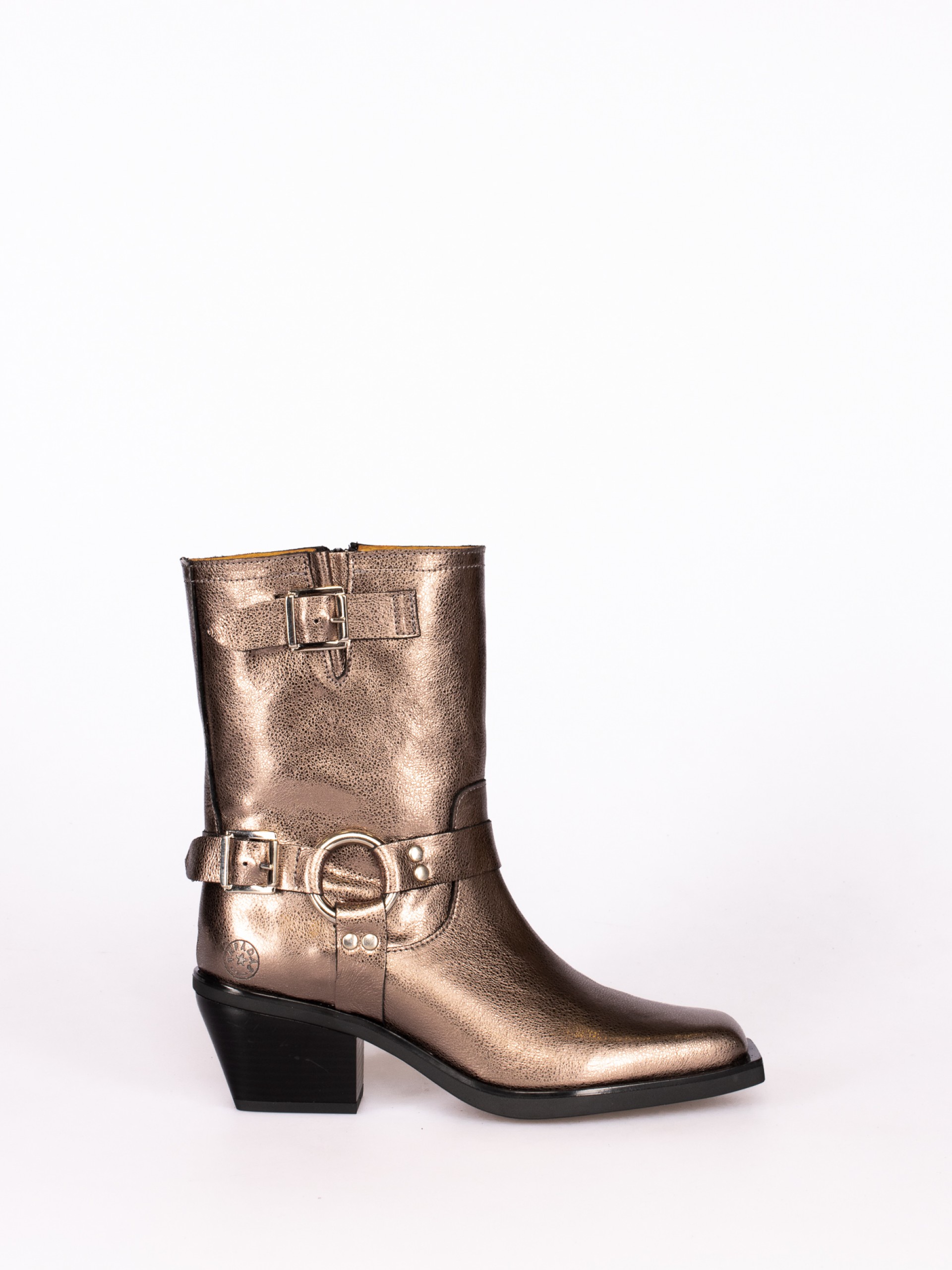 Mid-Calf Biker Boots in Laminated Leather