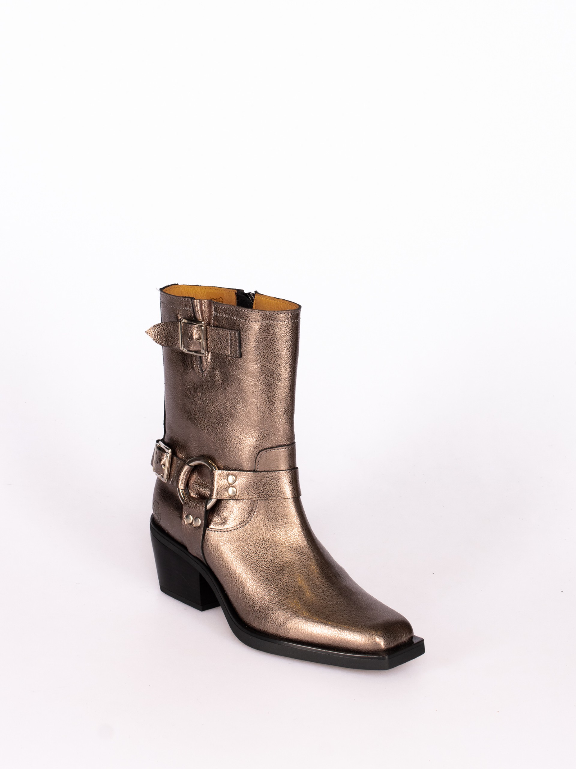 Mid-Calf Biker Boots in Laminated Leather