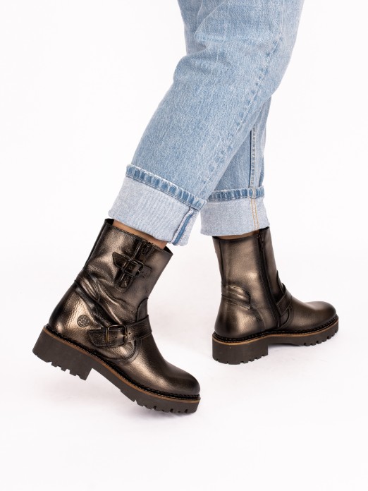 Biker Boot in Metallic Leather, Structured Sole