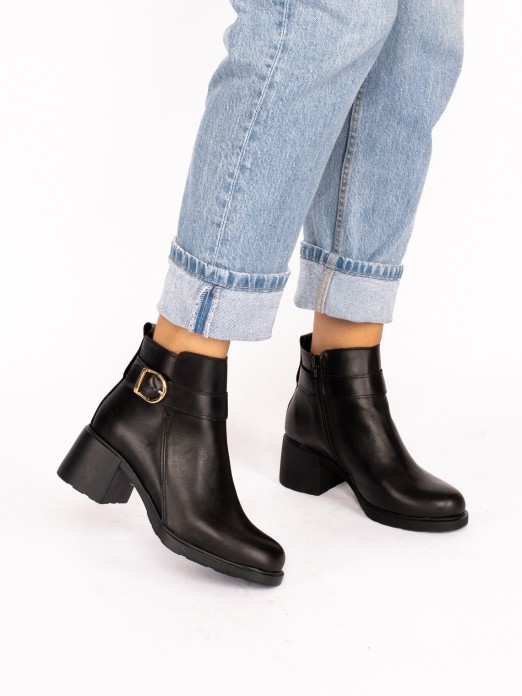 Leather Ankle Boots with Heel and Buckle