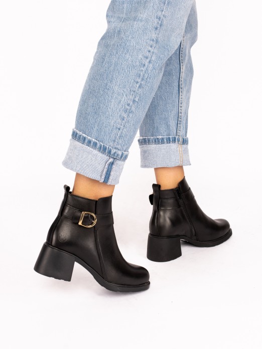 Leather Ankle Boots with Heel and Buckle