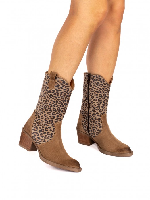 Texan Boot in Suede with Leopard Animal Print