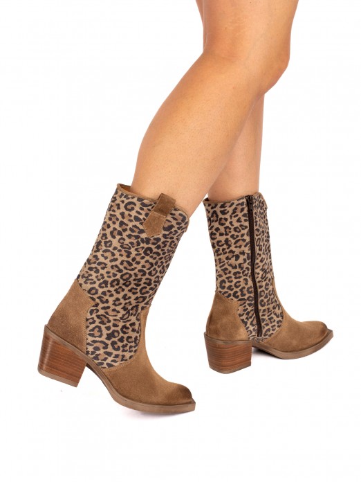 Texan Boot in Suede with Leopard Animal Print