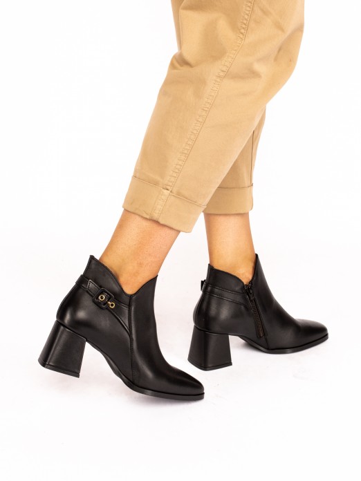 High Heel Ankle Boot in Leather with Buckle