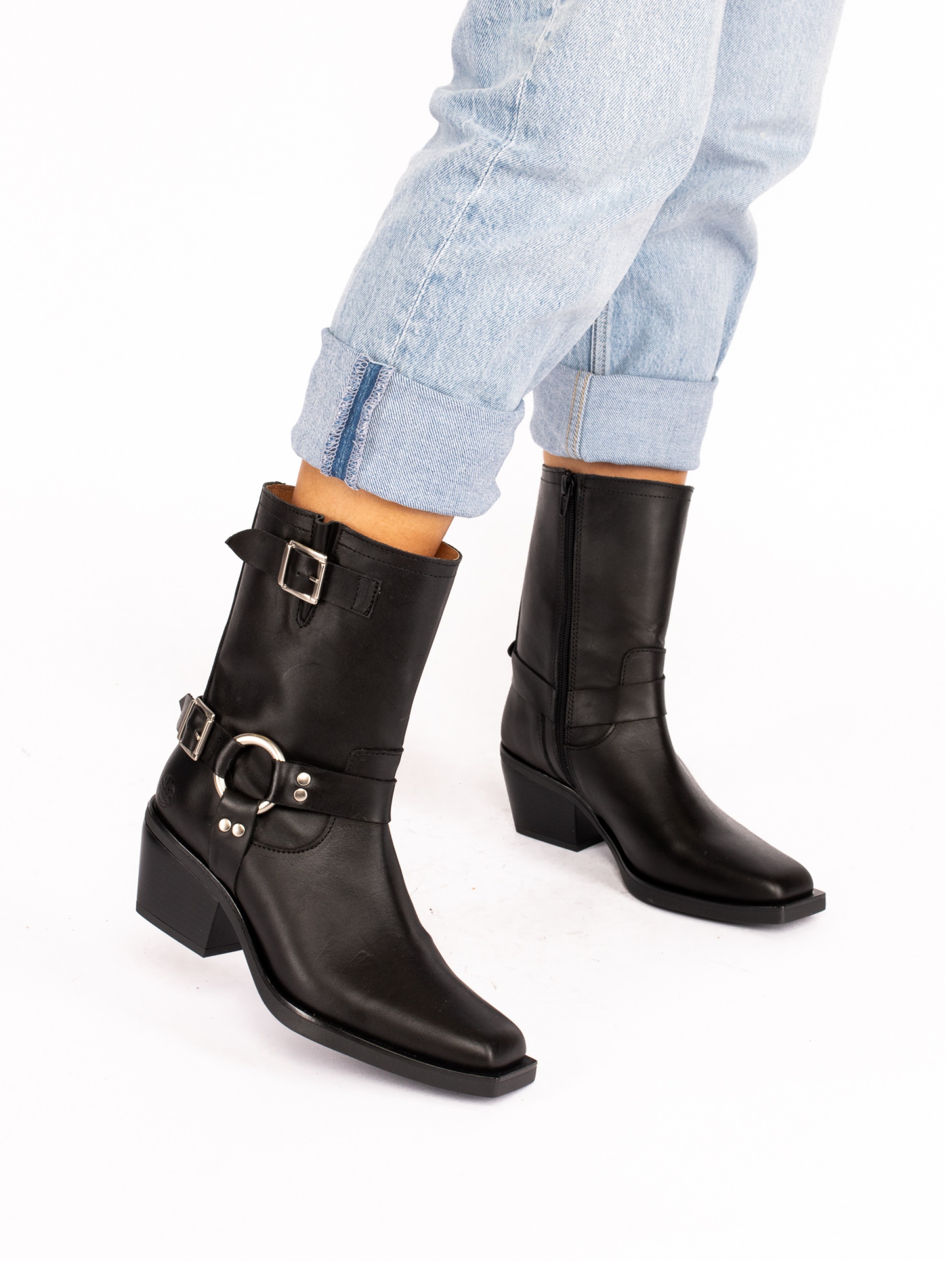 Mid-Calf Biker Boots in Leather