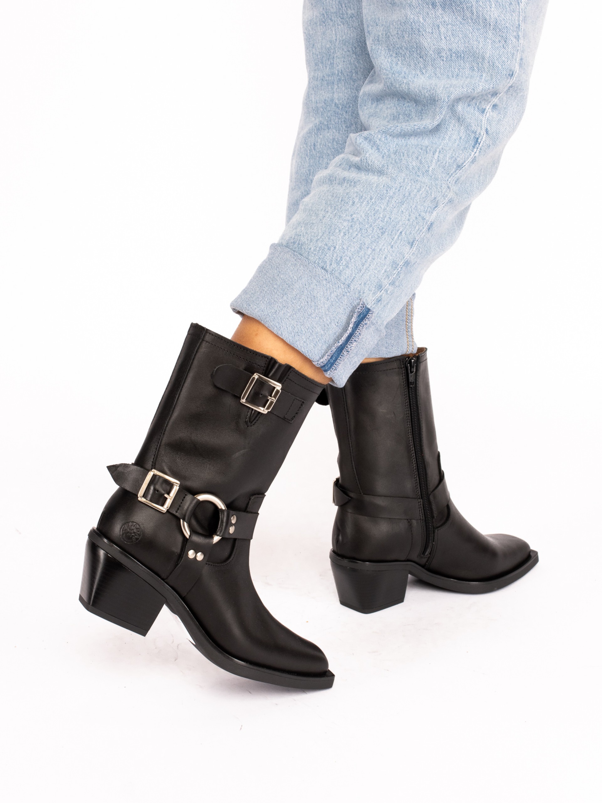 Mid-Calf Biker Boots in Leather
