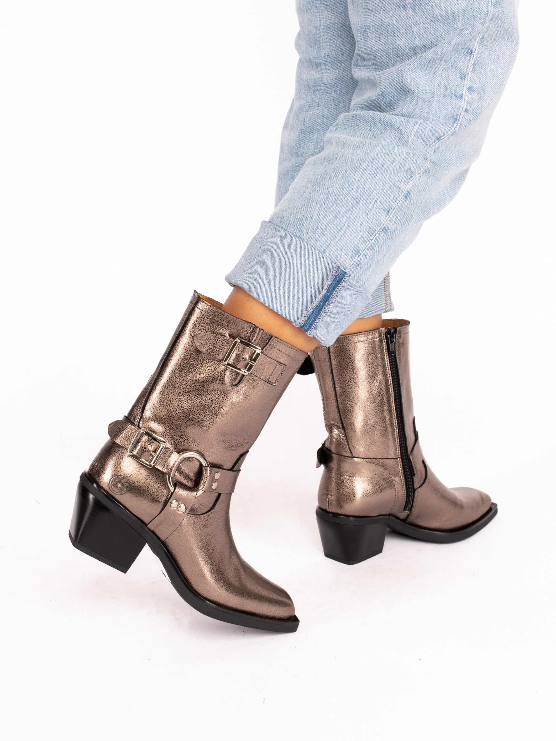 Mid-Calf Biker Boots in Laminated Leather