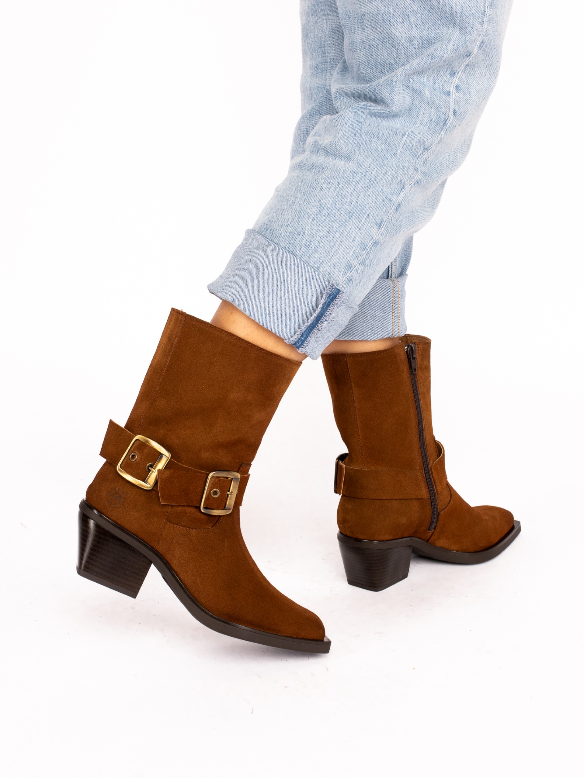 Mid-Calf Biker Boots in Suede