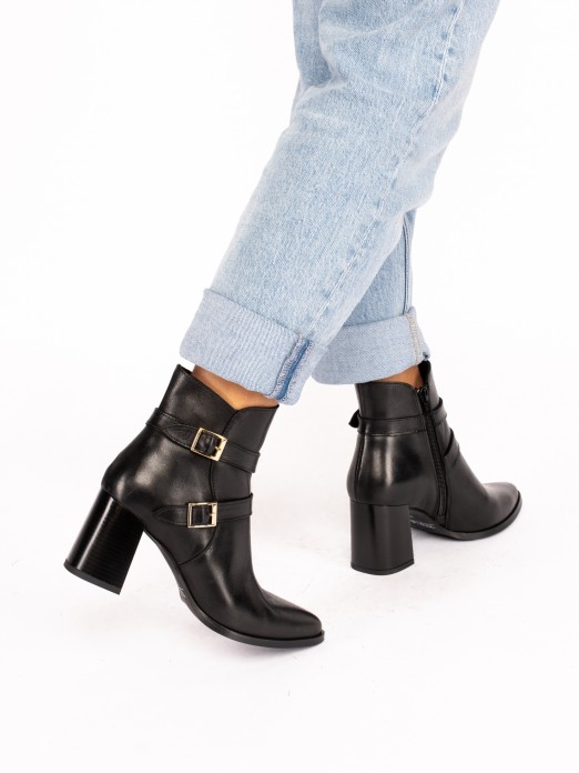 High-Heel Leather Boot with Buckles