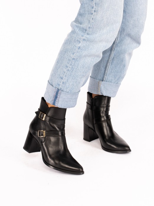 High-Heel Leather Boot with Buckles