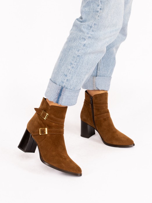 High-Heel Suede Boot with Buckles