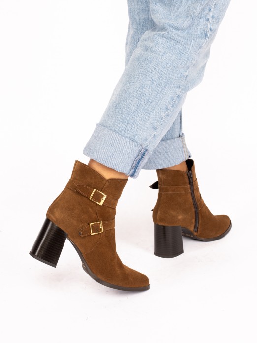 High-Heel Suede Boot with Buckles