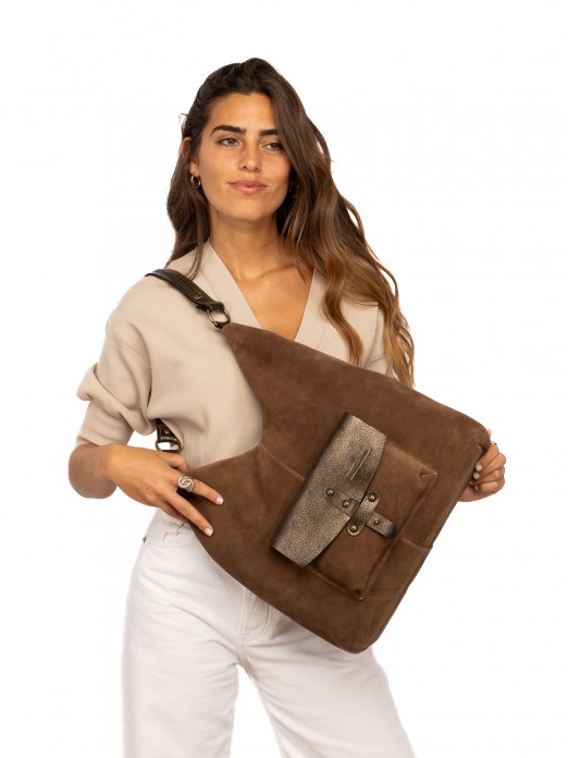 Suede Shoulder Bag with Metallic Details