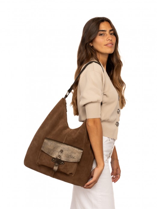 Suede Shoulder Bag with Metallic Details