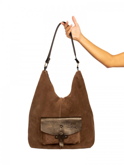 Suede Shoulder Bag with Metallic Details