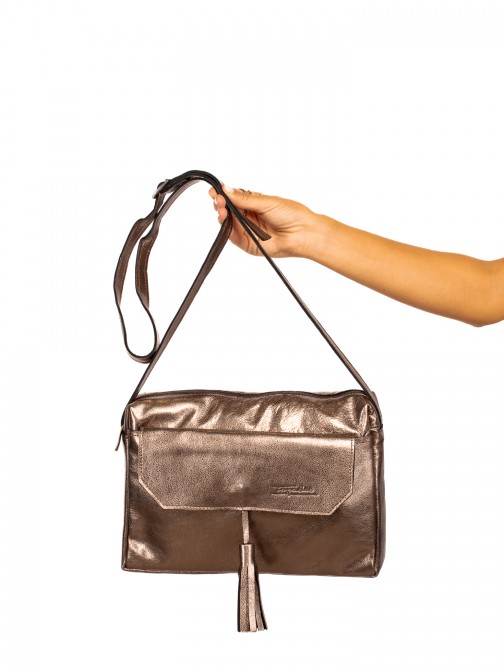 Laminated Leather Crossbody Bag With Tassel Embell