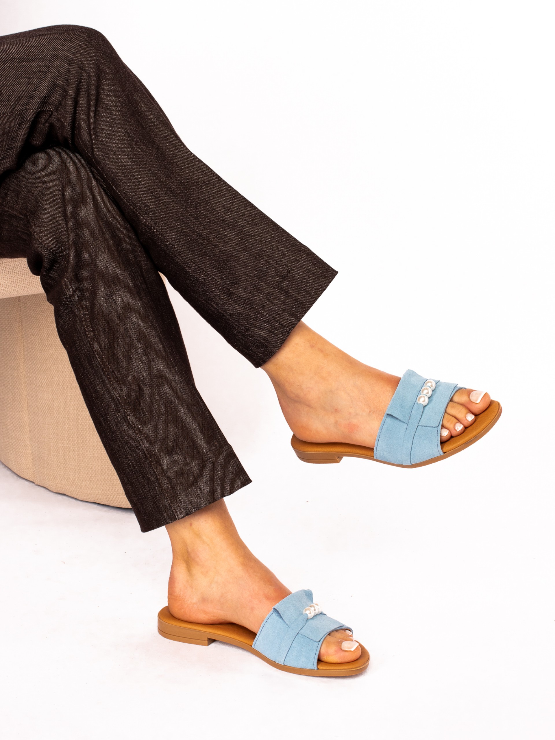 Suede Flip Flops with Pearl Detail