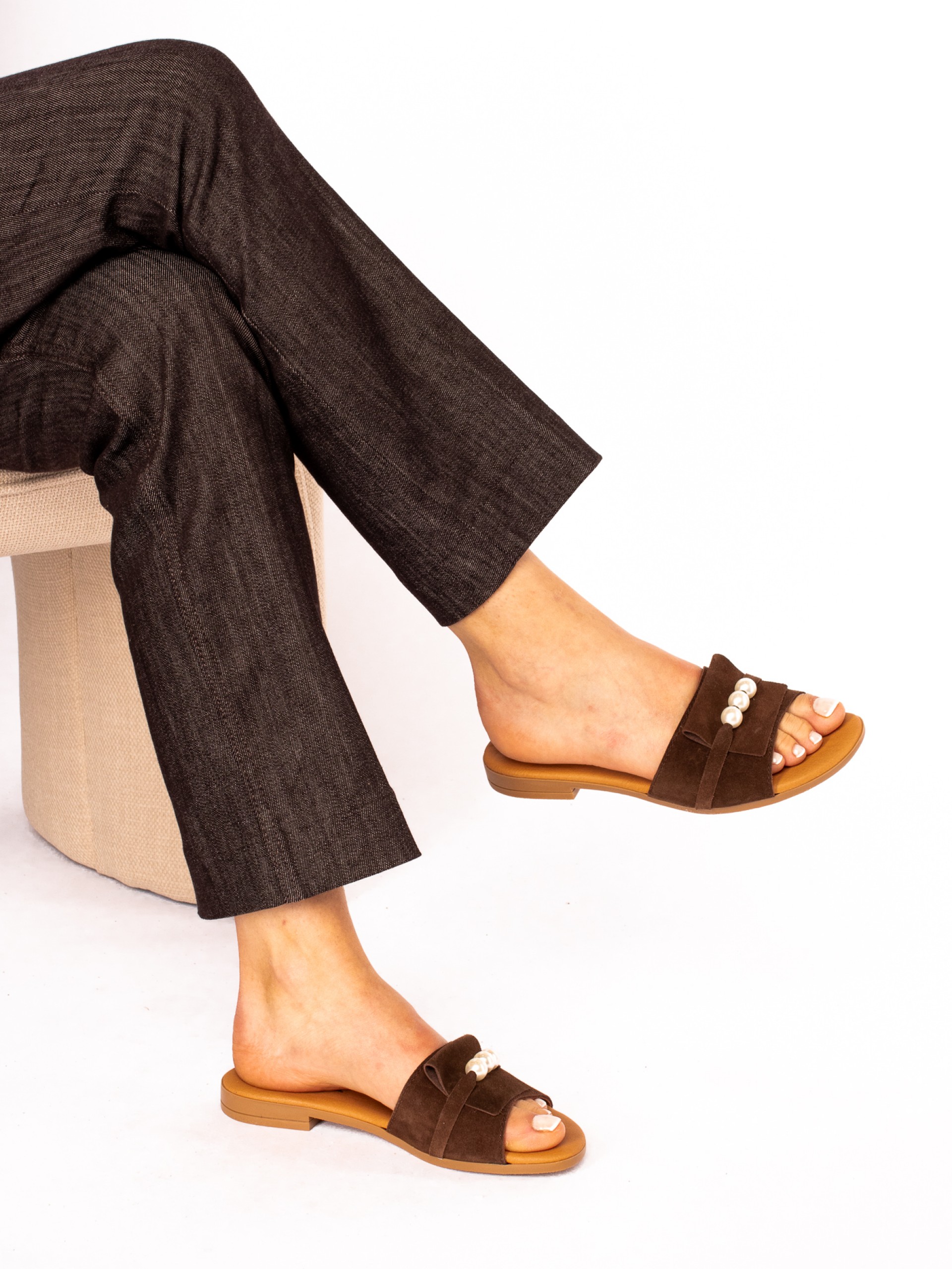 Suede Flip Flops with Pearl Detail