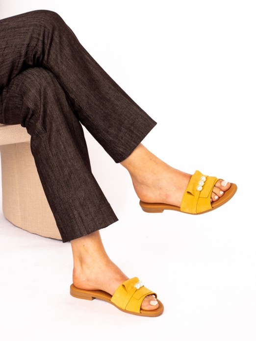 Suede Flip Flops with Pearl Detail