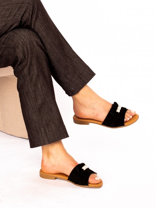 Suede Flip Flops with Pearl Detail