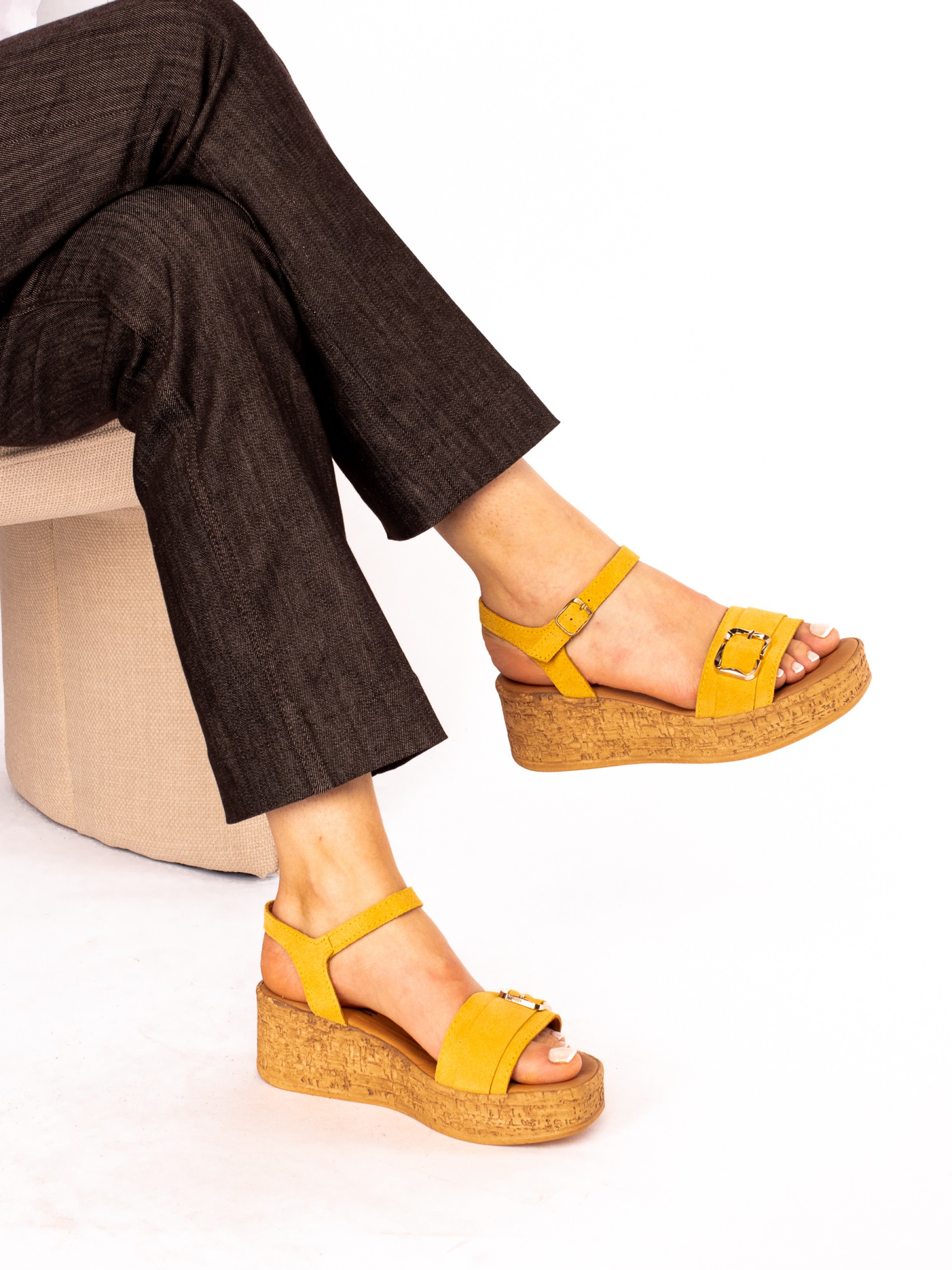 Suede Wedge Sandal with Buckle