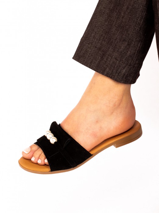 Suede Flip Flops with Pearl Detail