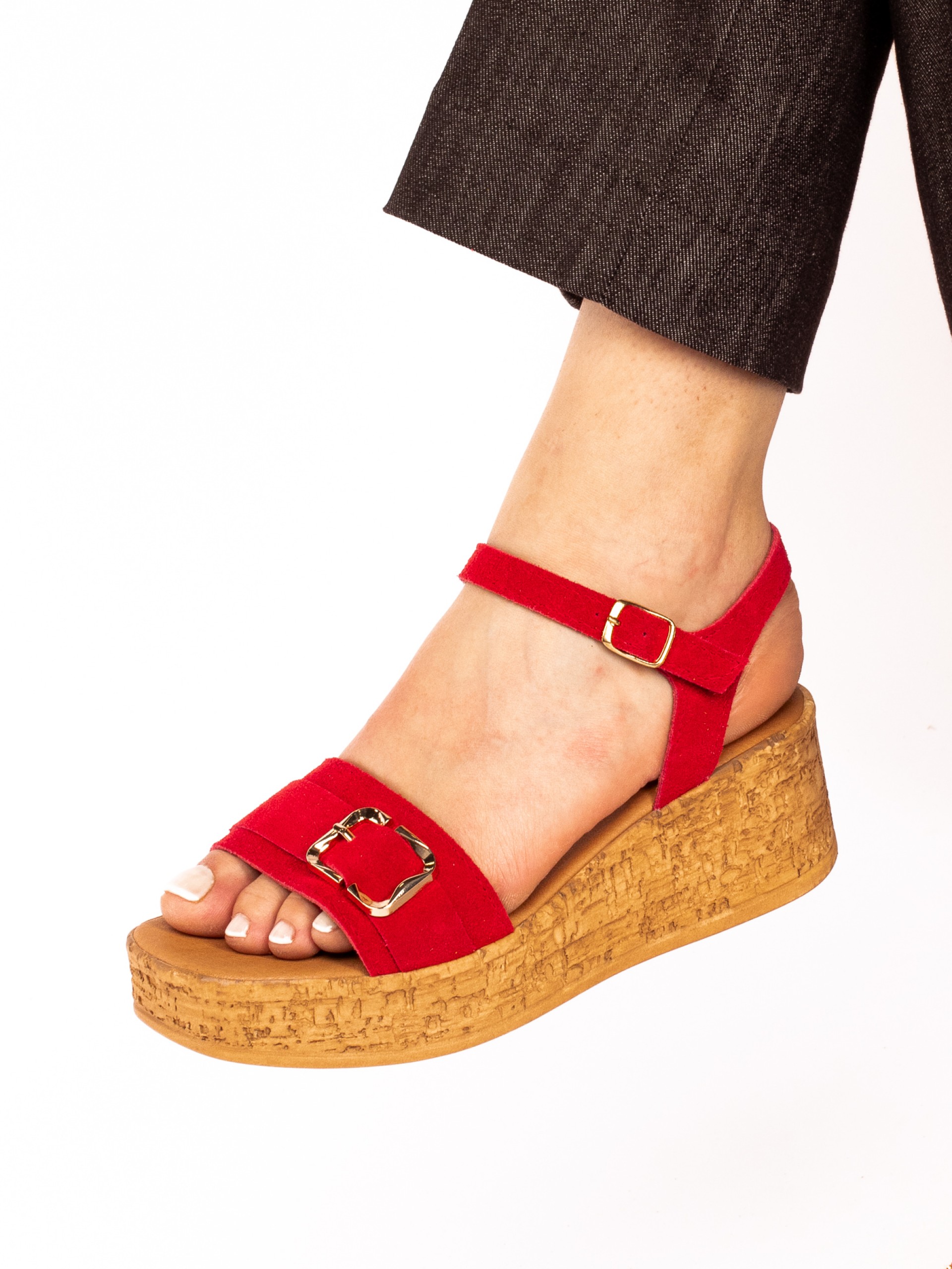 Suede Wedge Sandal with Buckle
