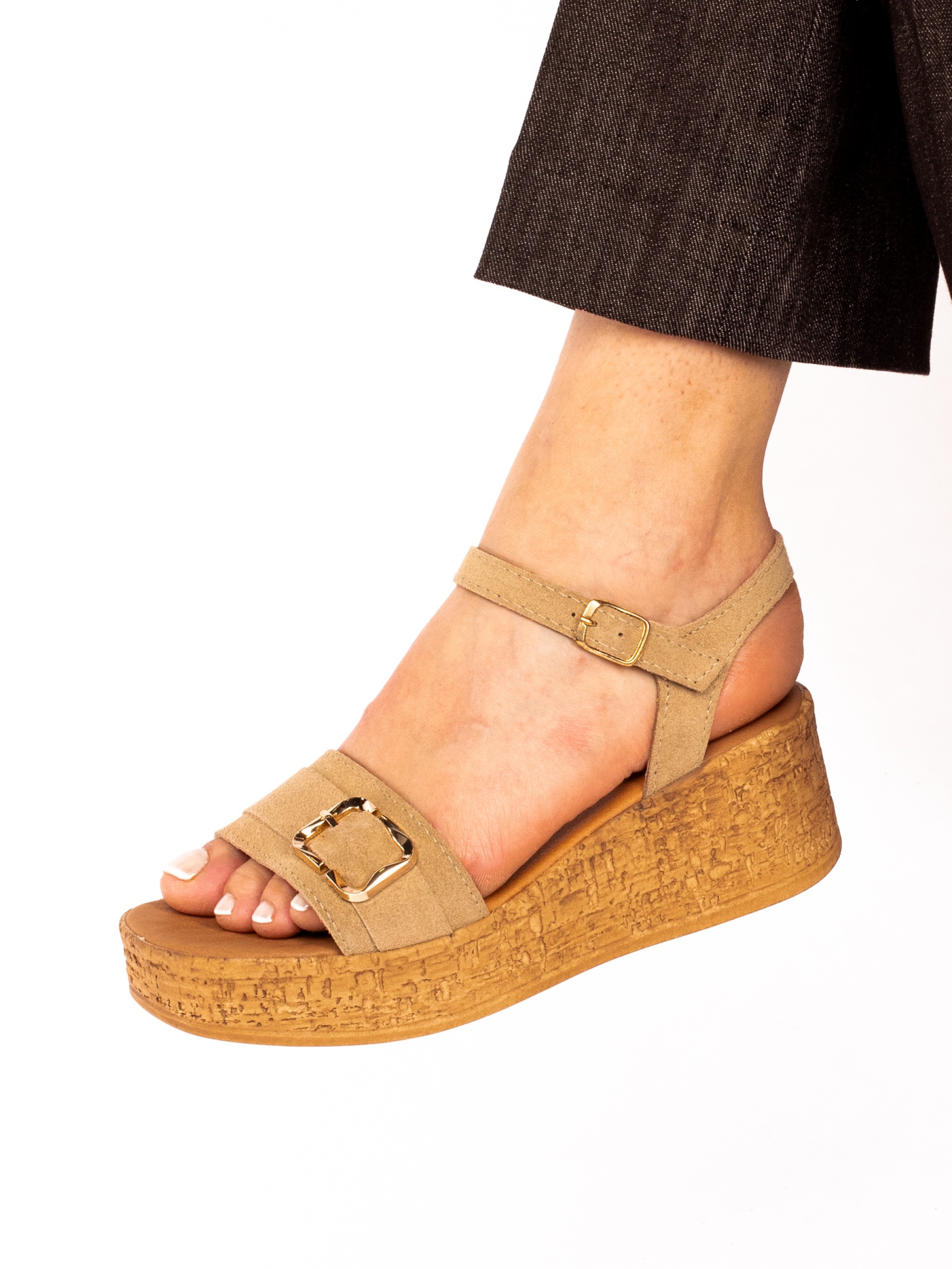 Suede Wedge Sandal with Buckle