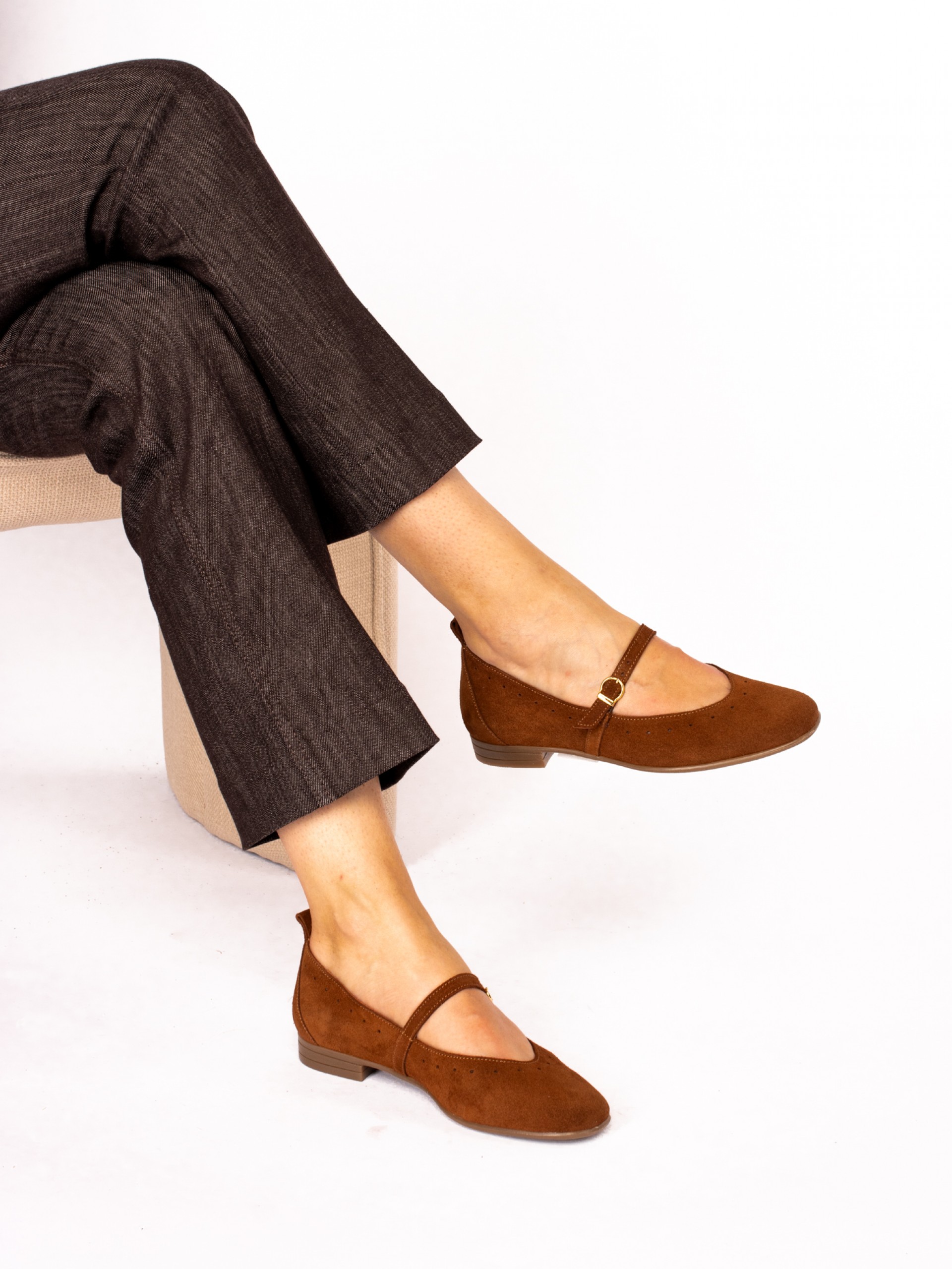 Suede Mary Jane shoes with perforated detail