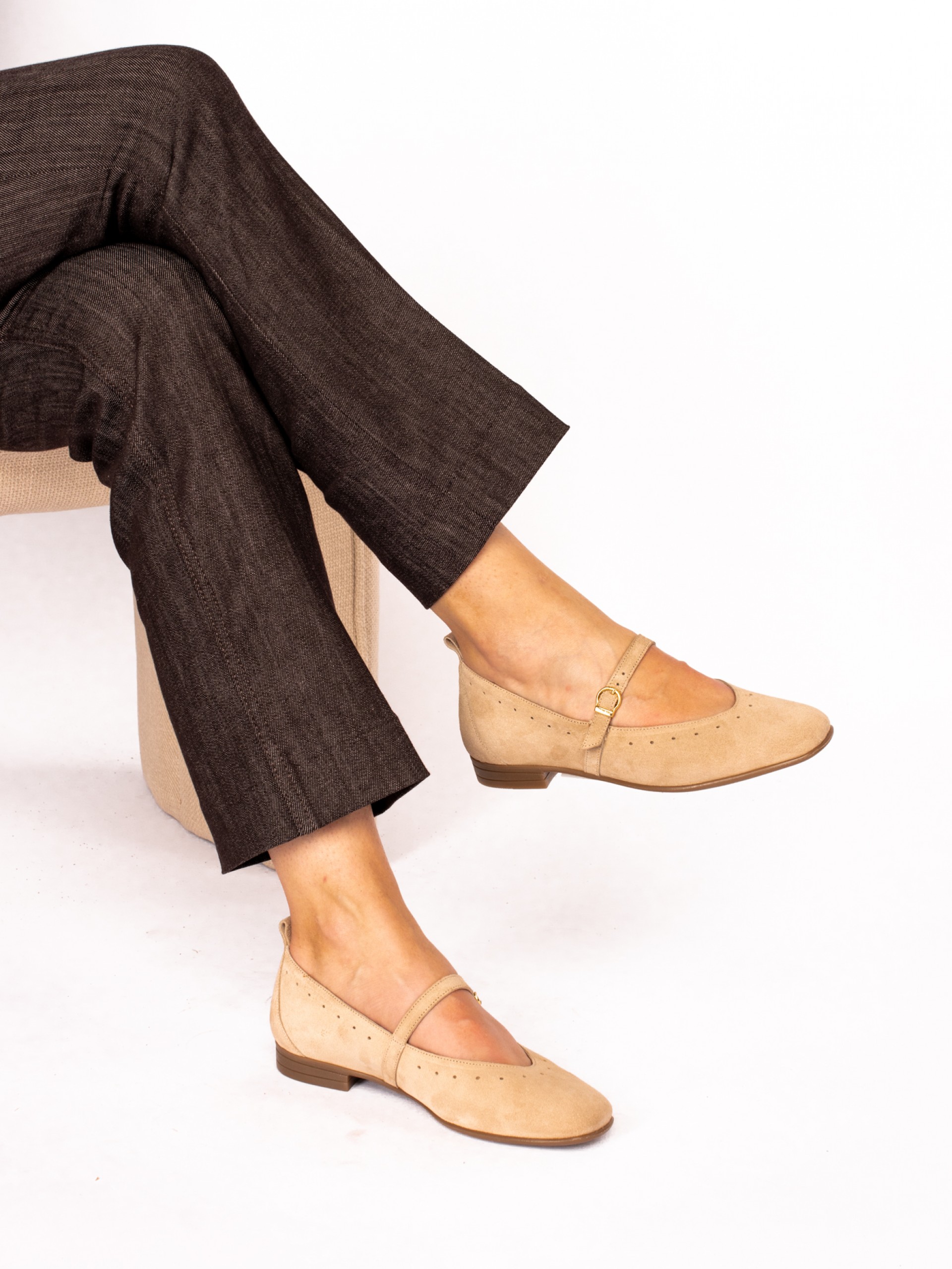 Suede Mary Jane shoes with perforated detail